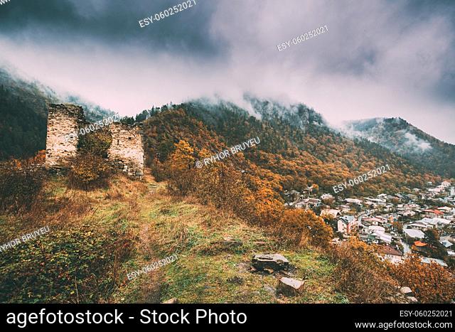 Borjomi, Samtskhe-Javakheti, Georgia. Famous Local Landmark Is Gogia Fortress And Cityscape Of Resort City In Autumn October Day