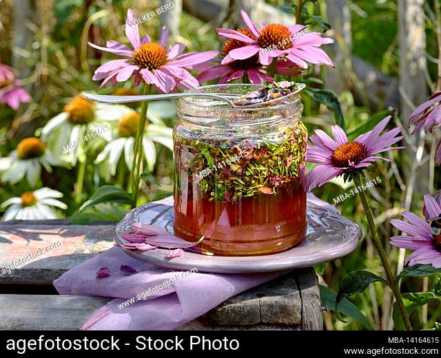 honey jar filled with honey and crushed sun hat or echinacea with an earthen saucer on a wooden box in the sunny garden