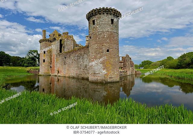 Ruins of Caerlaverock Castle, the only triangular-shaped moated castle in Scotland, seat of the Maxwell clan, Dumfries and Galloway, Scotland