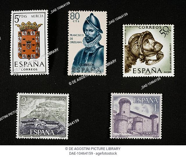 Top from left, postgae stamp depicting the Murcia coat of arms; postage stamp honouring Francisco de Orellana, 1965; postage stamp commemorating the 4th...