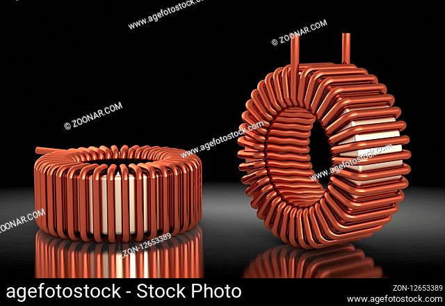 Ferrite Toroid Inductor for Switching Power Supply. 3D rendering