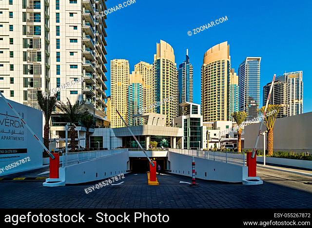 DUBAI, UAE - January 24, 2016: Dubai skyline towers Skyscrapers architecture Underground Garage Parking of a big city