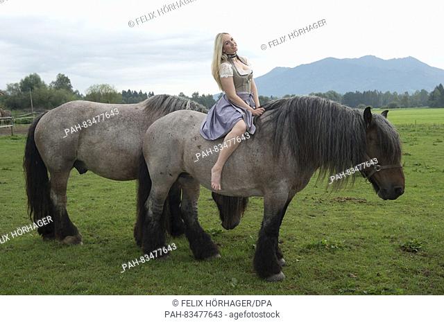 ATTENTION BLOCKING PERIOD: 8 SEPTEMBER 2016, 12 AM / dpa exclusive: The Wiesn playmate Kathie Kern posing with brewery horses at Urthalerhof in Sindelsdorf