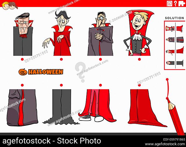 Cartoon illustration of educational game of matching halves of pictures with comic vampires Halloween characters