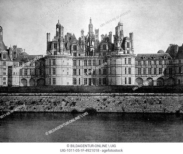 Early autotype of chateau de chambord castle, unesco world heritage site, loir-et-cher, france, historical photo, 1884