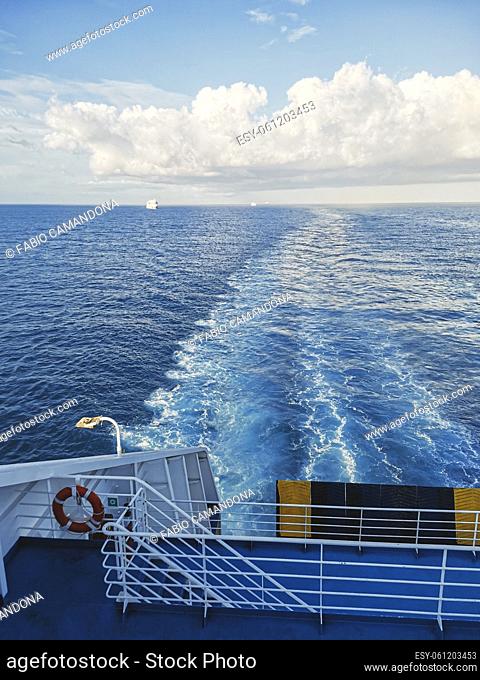 View of back ship cruise sea ocean and other ferry in background - concept of transport and summer holiday vacation season