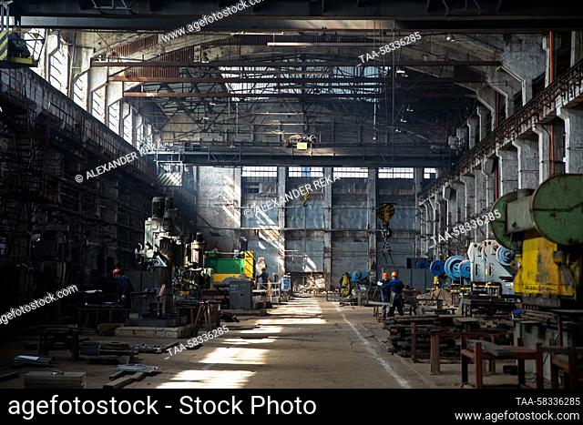 RUSSIA, LUGANSK - APRIL 10, 2023: Employees are at work at the Lugamash machine building enterprise. The enterprise, established in 2015