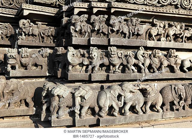 Rows of horses, lions and elephants, reliefs on outer wall of Chennakesava Temple, Keshava Temple, Hoysala style, Belur, Karnataka, South India, India, Asia
