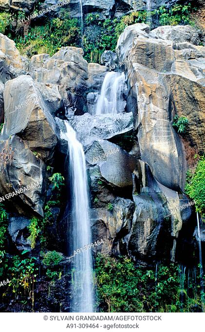 Aigrettes cascading waterfall and natural basin. Saint-Gilles-Les Hauts, Réunion Island (France)