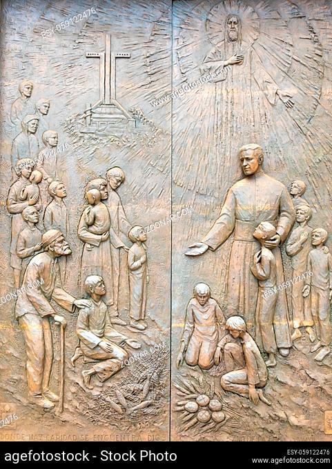Coquimbo Chile November 12 Door carved in high relief in the church part of the monument Third Millenium in North Coquimbo. Shoot on November 12, 2019