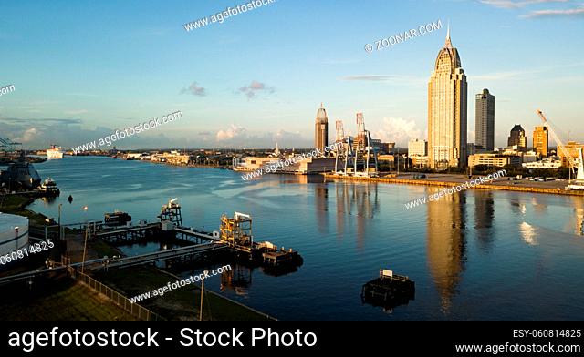 Beautiful blue skies over the downtown city center in an aerial view of Mobile Alabama