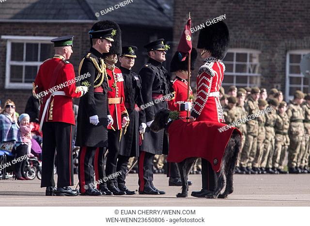 The Duke of Cambridge visits the 1st Battalion Irish Guards at the St. Patrick's Day Parade, Cavalry Barracks in Hounslow Featuring: Prince William