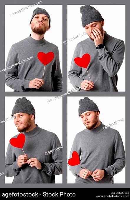 Collage of portraits of young man in gray hat holding red paper heart isolated on white background