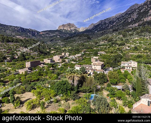 Biniaraix, orchards with the mountains in the background, Soller valley route, Mallorca, Balearic Islands, Spain
