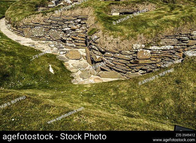 Skara Brae Neolithic Archaeological Site. Bay of Skaill, Orkney Islands, Scotland, United Kingdom