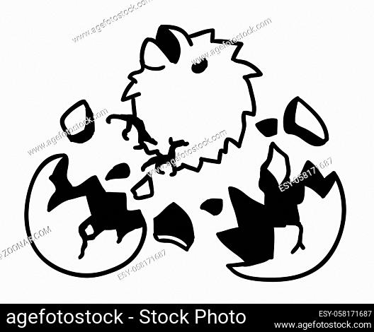 Baby chick hatch pop cartoon line drawing, vector, horizontal, black and white, isolated