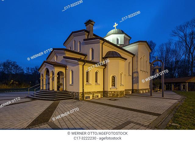 Herten, D-Herten, Ruhr area, Westphalia, North Rhine-Westphalia, NRW, church Heiliger Dimitrios, Greek Orthodox church, evening