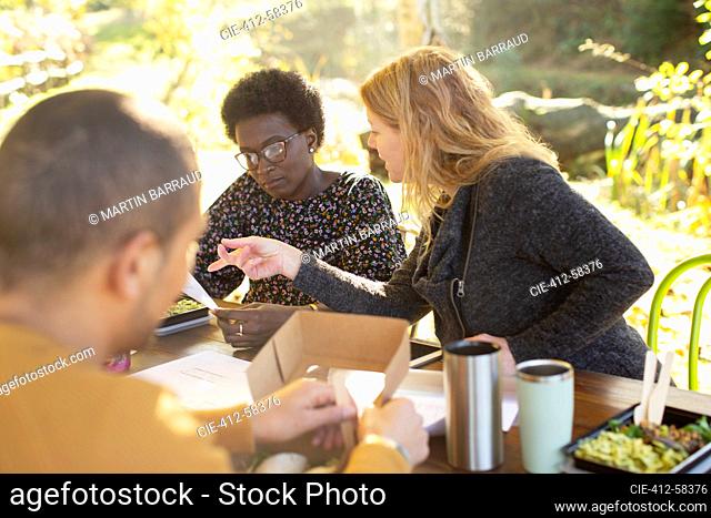 Businesswomen discussing paperwork and eating lunch at table in park