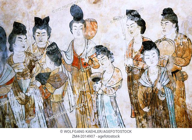 CHINA, NEAR XIAN, CHIENLING TOMB, TANG DYNASTY (618-907 AD) INTERIOR, MURAL