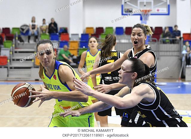 L-R Marija Rezan of USK and Anete Steinberga of Braine in action during the 7th round group A of women's basketball European League in Prague, Czech Republic