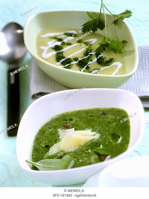 Green fennel soup (front), root vegetable & herb soup (behind)
