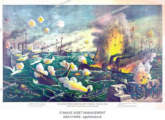 Spanish-American War 1898: Battle of Manila Bay, Philippines, 1 May 1898, the first major engagement of the conflict. Spanish vessels destroyed by American fire
