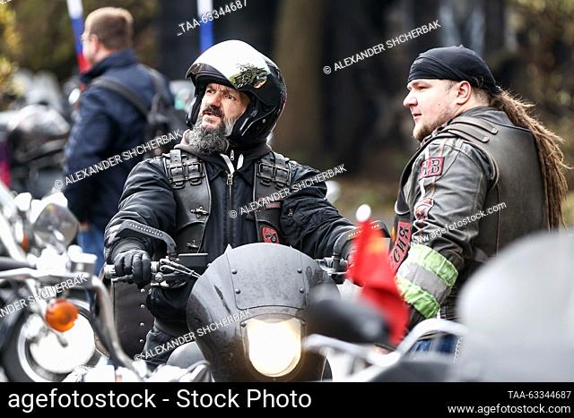RUSSIA, MOSCOW - OCTOBER 14, 2023: Riders gather outside the Sexton Bike Centre for a motorcycle run by the Night Wolves Club to close the season