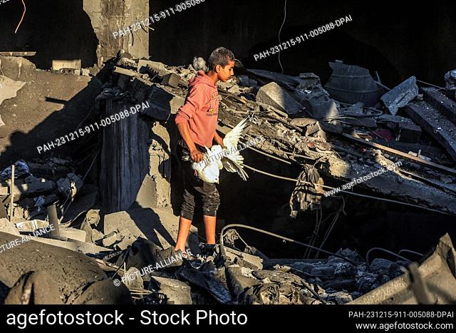 15 December 2023, Palestinian Territories, Rafah: A Palestinian child holds pigeons as he walks between debris after an Israeli air strike on a house belonging...