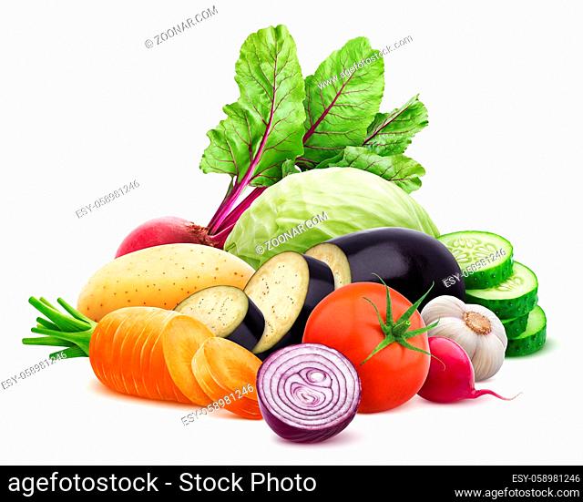 Collection of different vegetables isolated on white background, pile of fresh and healthy food with clipping path, detox diet