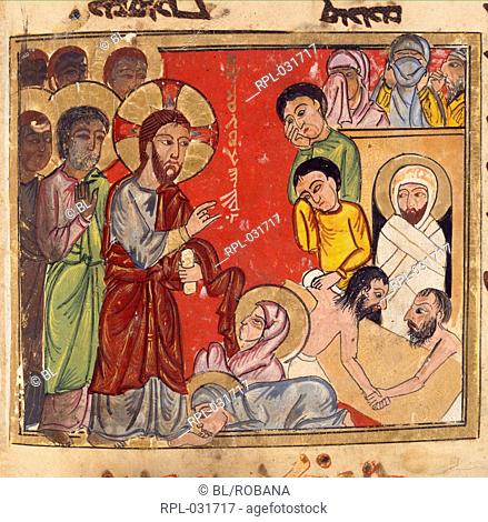 The raising of Lazarus. Christ holding a scroll and blessing approaches followed by the Apostles. The two sisters fall at the feet of Christ