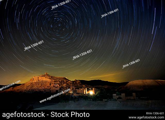 Star trails above The Kasbah Ait-Benhaddou, UNESCO World Heritage Site, Morocco, North Africa, Africa