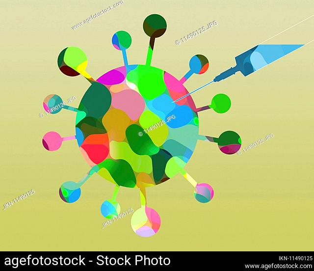 Syringe injecting multi coloured coronavirus micro organism
