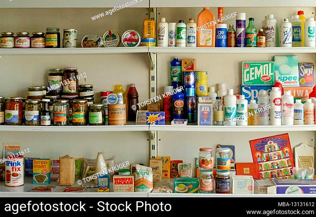 Shelf with food, tins and housewares in the GDR Museum, Thale, Harz, Saxony-Anhalt, Germany, Europe
