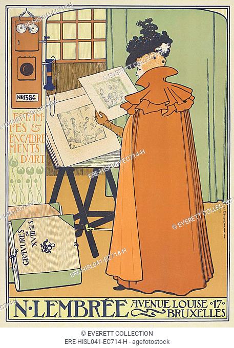 Displays of N. Lembrée Prints and Art Frames, by Theo Van Rysselberghe, 1897. Poster for store with woman in long cloak viewing an art print (BSLOC-2016-2-145)