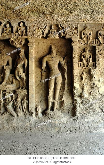 Right wall- central panel of the Chaitya at Kondivite showing Buddha figures of the 5th. Century A.D. Mumbai. The Mahakali Caves (also known as the Kondivita...
