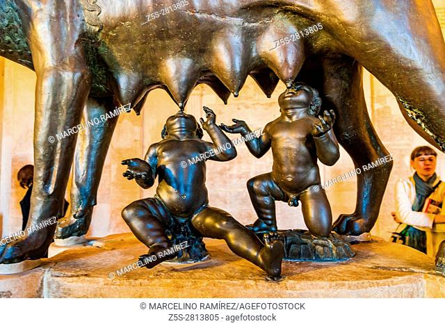 Ancient roman bronze of the she-wolf suckling Romulus and Remus, the traditional founders of the city and empire of Rome. Capitoline Museum
