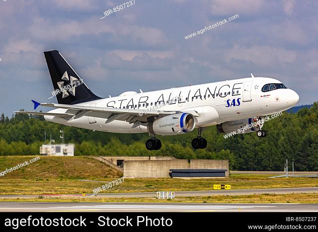 An SAS Scandinavian Airlines Airbus A319 aircraft with registration number OY-KBP and Star Alliance special livery at Oslo Gardermoen Airport, Norway, Europe