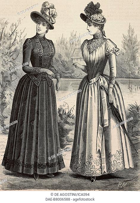 Woman wearing a plum colour serge dress with embroidered inserts, woman wearing a pale bengaline dress with embroidered inserts, bodice with pleats