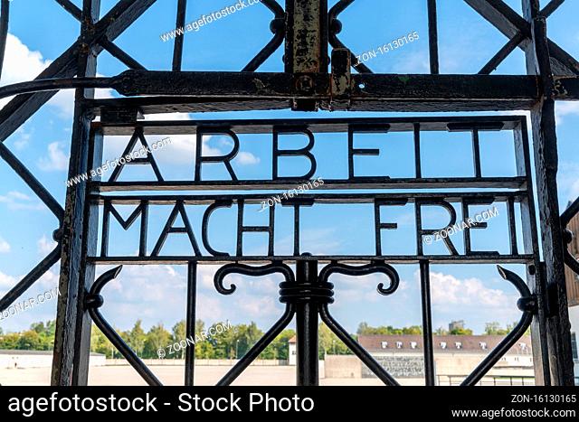 Dachau, Bavaria / Germany - 16 September 2020: view of the historic entracne gate at Dachau Concentration Camp near Munich