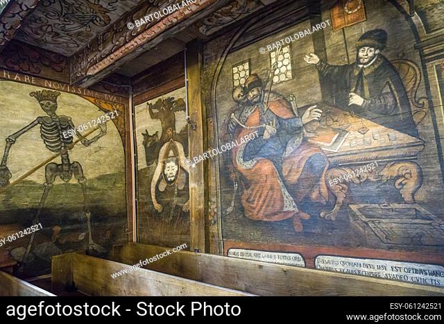 16th-17th century historical wall paintings, Church of the Archangel Michael, 15th-16th century built entirely of wood, Binarowa, Maloposka