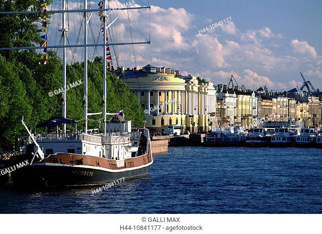 Russia, Saint Petersburg, river Neva, near Decembrists Square, landing stage, ship, botas, ships, town, city, Europe