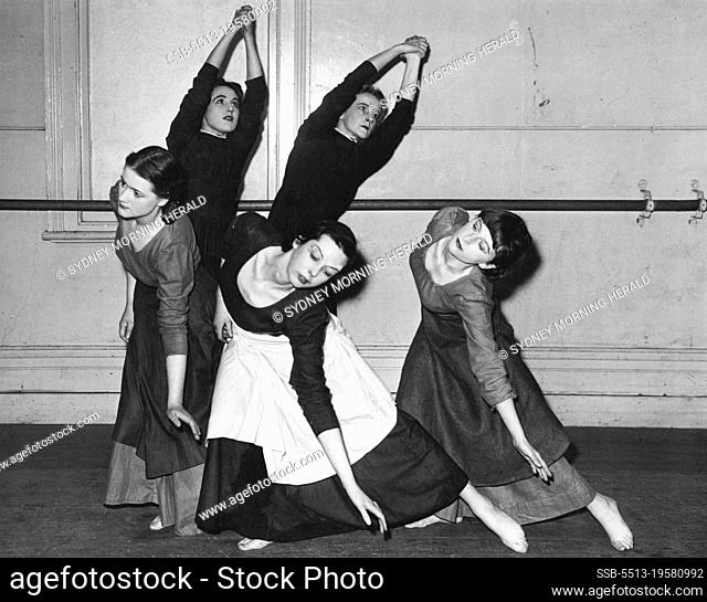 Elisabeth Wiener's ***** demonstrating Southern France fishermen's ballet. Rear, L to R: Sonny Bridges, Barbara Robertson. Middle - Valerie Gries