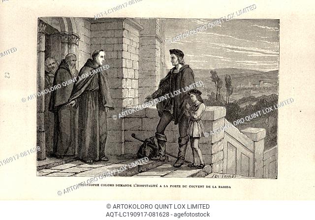 Christophe Colomb demande l'hospitalité a la porte du couvent de la Rabida, Christopher Columbus with son Diego (?) Asks for hospitality at the Monastery of...
