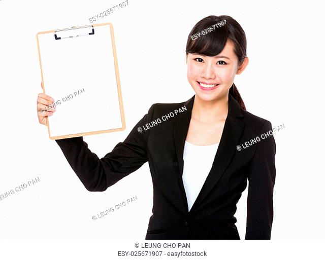 Asian young Businesswoman show with blank page of clipboard