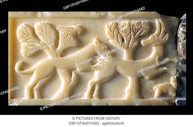 Yemen: An Asiatic lion attacks a gazelle, while a rabbit tries to jump away from the gazelle's forelegs. Alabaster stele, , 5th century BCE