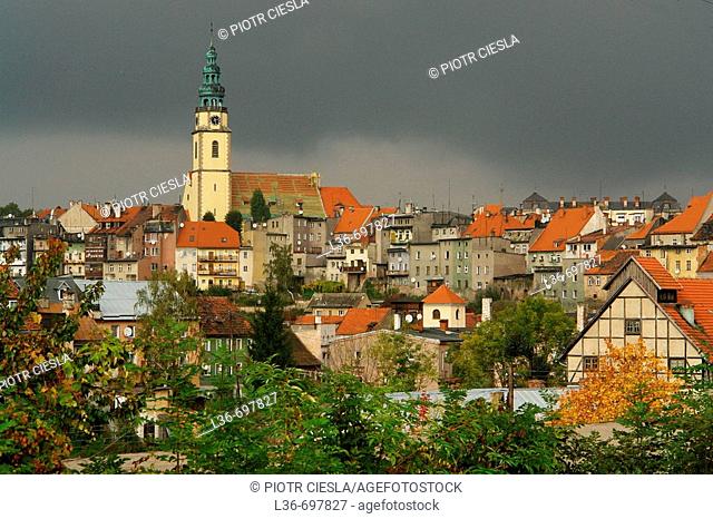 Panorama of the old town of Bystrzyca Klodzka. Lower Silesia, Poland