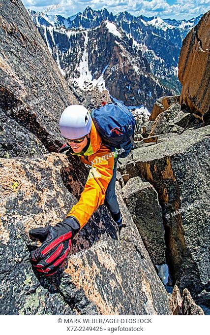 climbing the Chockstone Couloir, AKA the Boy Scout Couloir an alpine route which is rated Grade 3, Class 4 and located on The Grand Mogul in the Sawtooth...