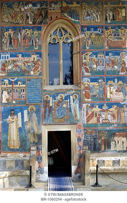 Church of St George of the Voronet Monastry, south façade with scenes from the lives of Sts Nicholas and John the New, UNESCO World Heritage Site