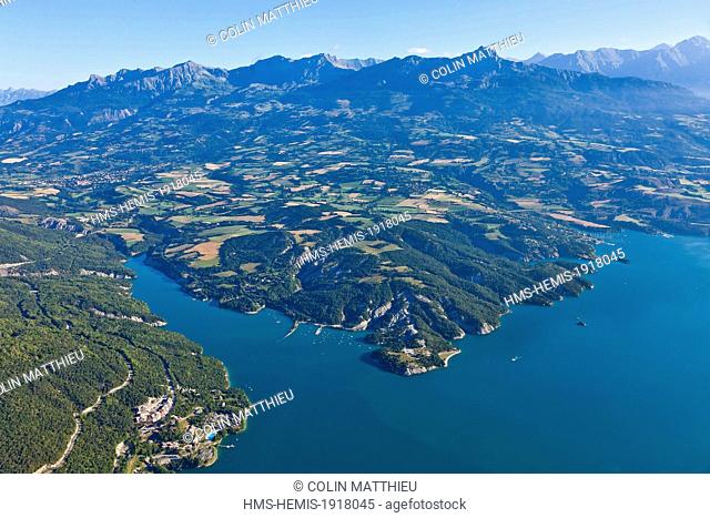 France, Hautes Alpes, Serre Poncon lake, Chorges, Moulettes Bay (aerial view)