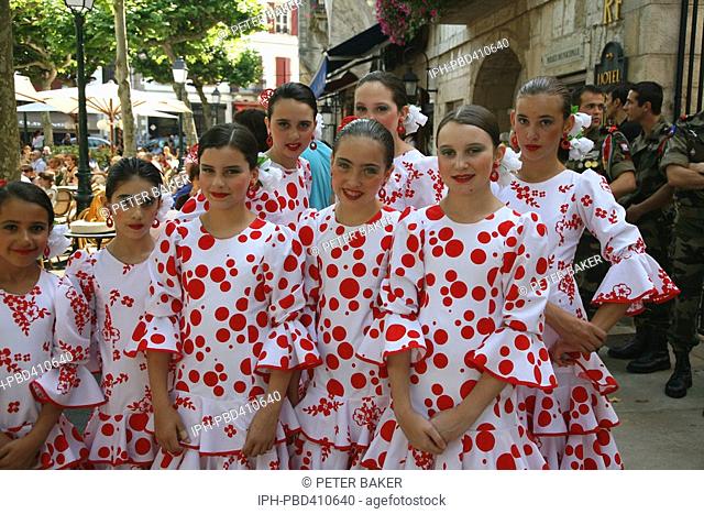 St-Jean-de-Luz, A visiting team of Spanish dancers at the Bastille Day celebrations in the square of the busy Basque fishing port on the Bay of Biscay coast